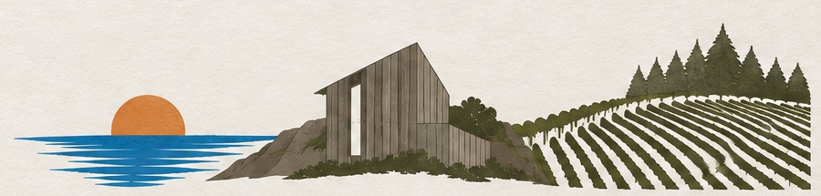 Coast, architectural building and vineyard illustration